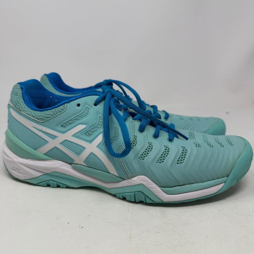 Asics Tennis Shoes Womens 8 Gel-Resolution 7 Aqua White Blue E751Y EUC